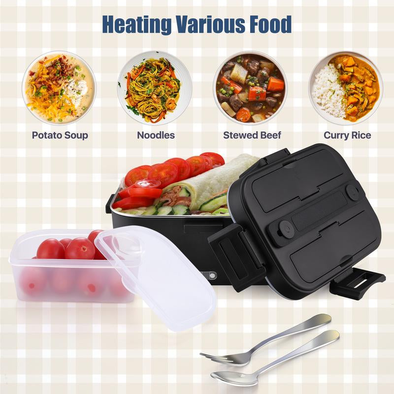 Electric Lunch Box 80W 1.5L Stainless Steel Bento Warmer with Indicator Light & Portable Tableware Set for Home Office Travel Food Quick Storage Fork 80W/1.5L/Black