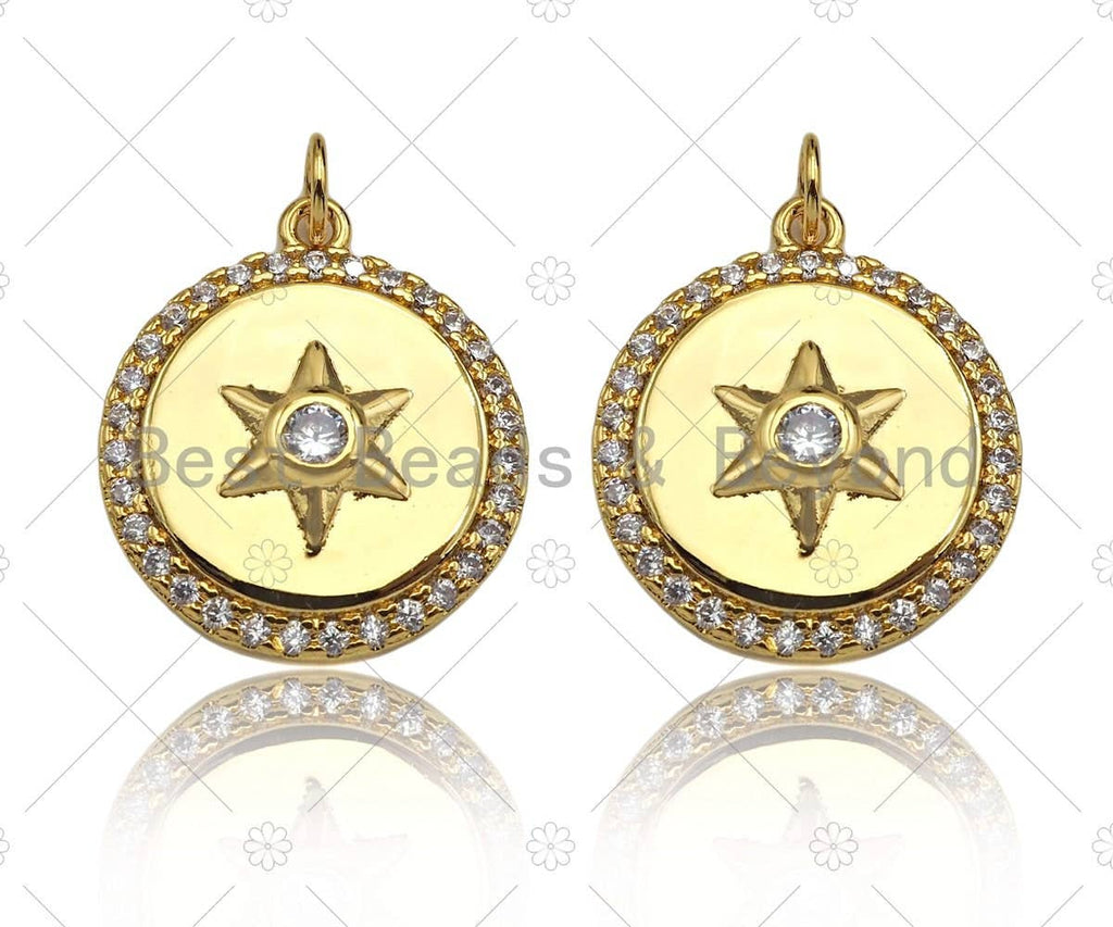 CZ Micro Pave North Star On Round Coin Pendant/Charm,Cubic Zirconia Star Charm, Necklace Bracelet Charm Pendant,15x17mm, Sku#Y395