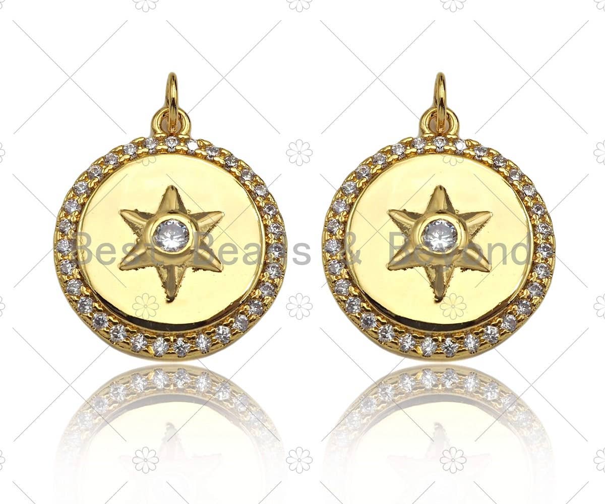 CZ Micro Pave North Star On Round Coin Pendant/Charm,Cubic Zirconia Star Charm, Necklace Bracelet Charm Pendant,15x17mm, Sku#Y395