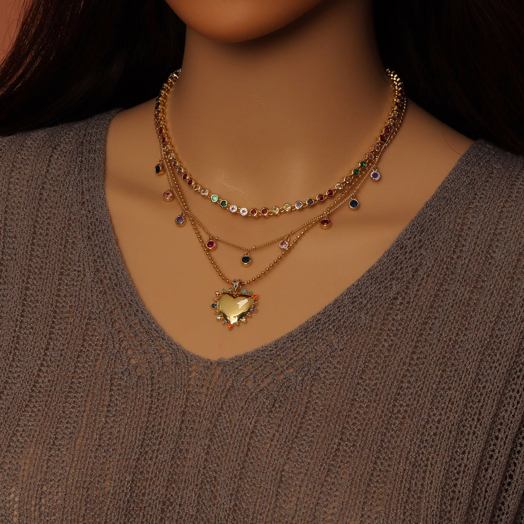 Multicolor CZ Gold Chain Heart Charm Necklace set, Sku#EF537