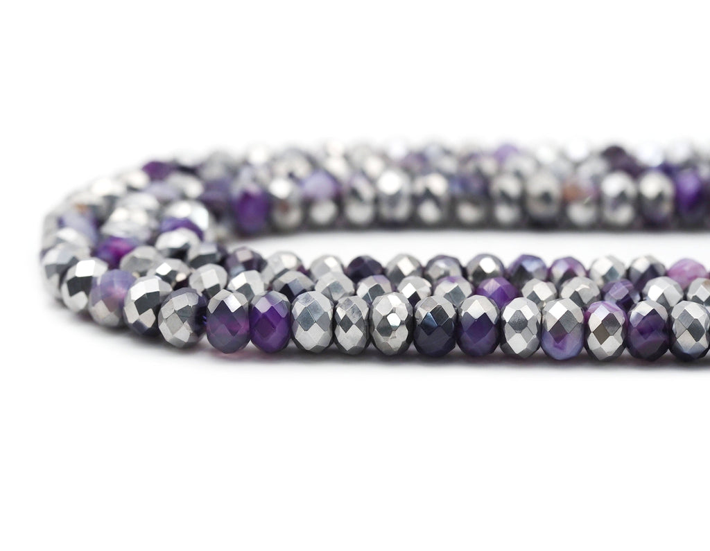 Half Silver Plated Natural Purple Banded Agate Rondelle Faceted Beads, Sku#UA272
