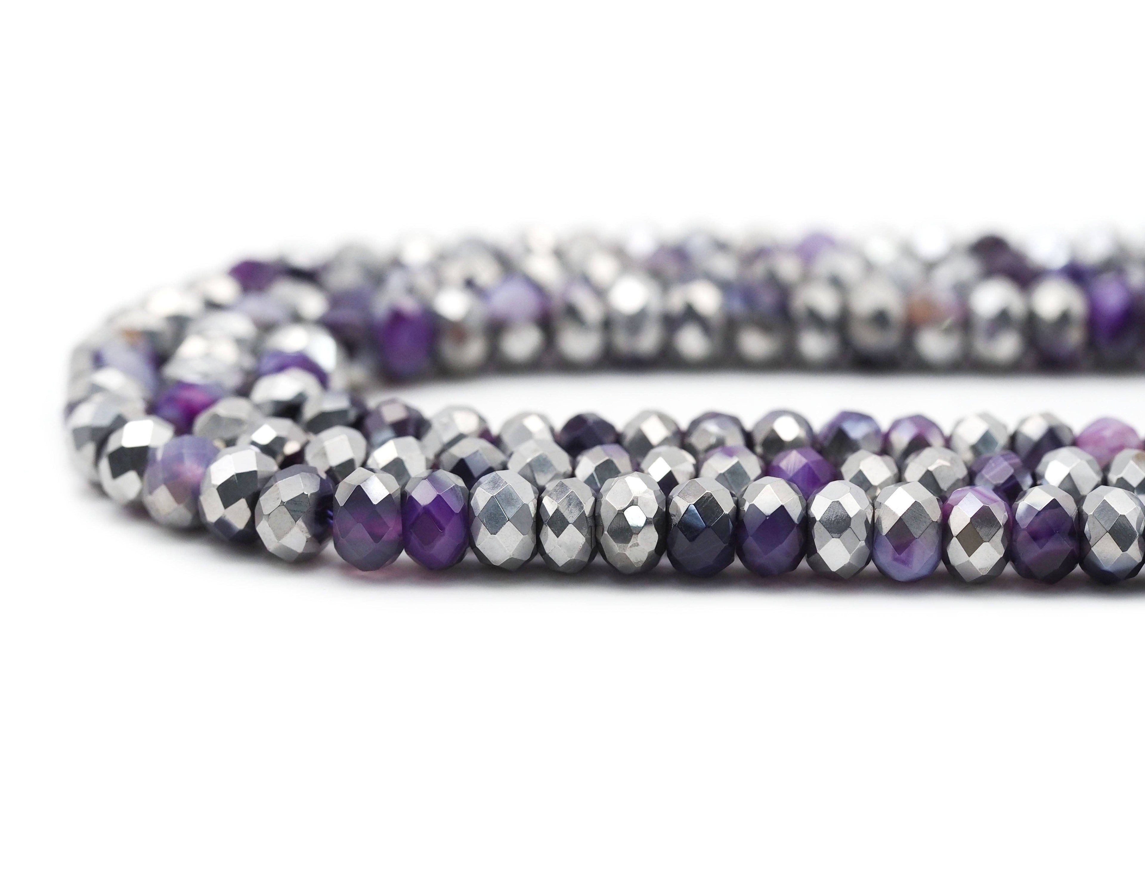 Half Silver Plated Natural Purple Banded Agate Rondelle Faceted Beads, Sku#UA272