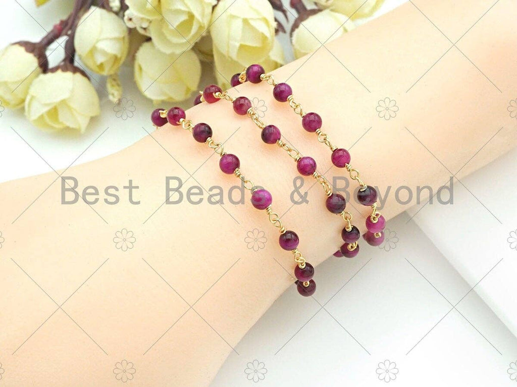 Galaxy/Fuchsia/Blue High Quality Tiger Eye Rosary Chain, 4mm Beaded Chain, Wire Wrapped Gold Chain,Sku#V75