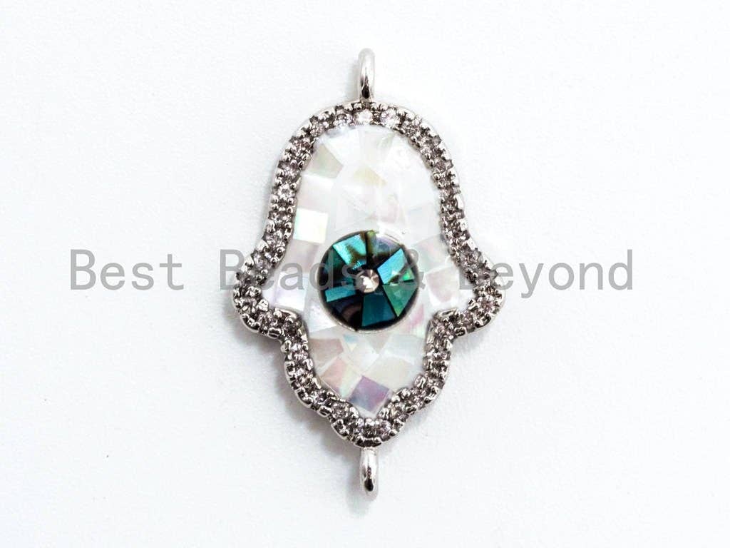 CZ Micro Pave Hamsa Hand Connector with Abalone Pearl Shell, Cubic Zirconia Connector, CZ Abalone Pearl Stone Charm 14x22mm, 1pc,SKU#Z22