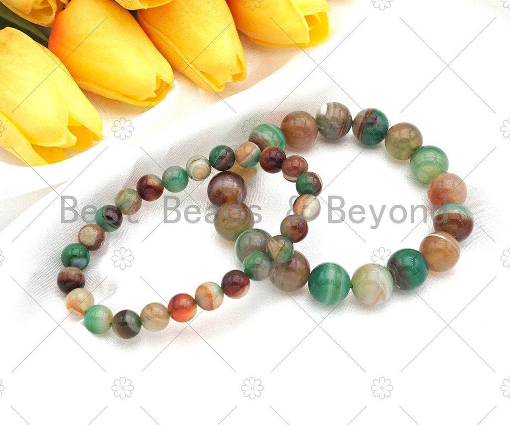 Natural Green Brown Banded Agate Stretchy Bracelet, Sku#EF25c