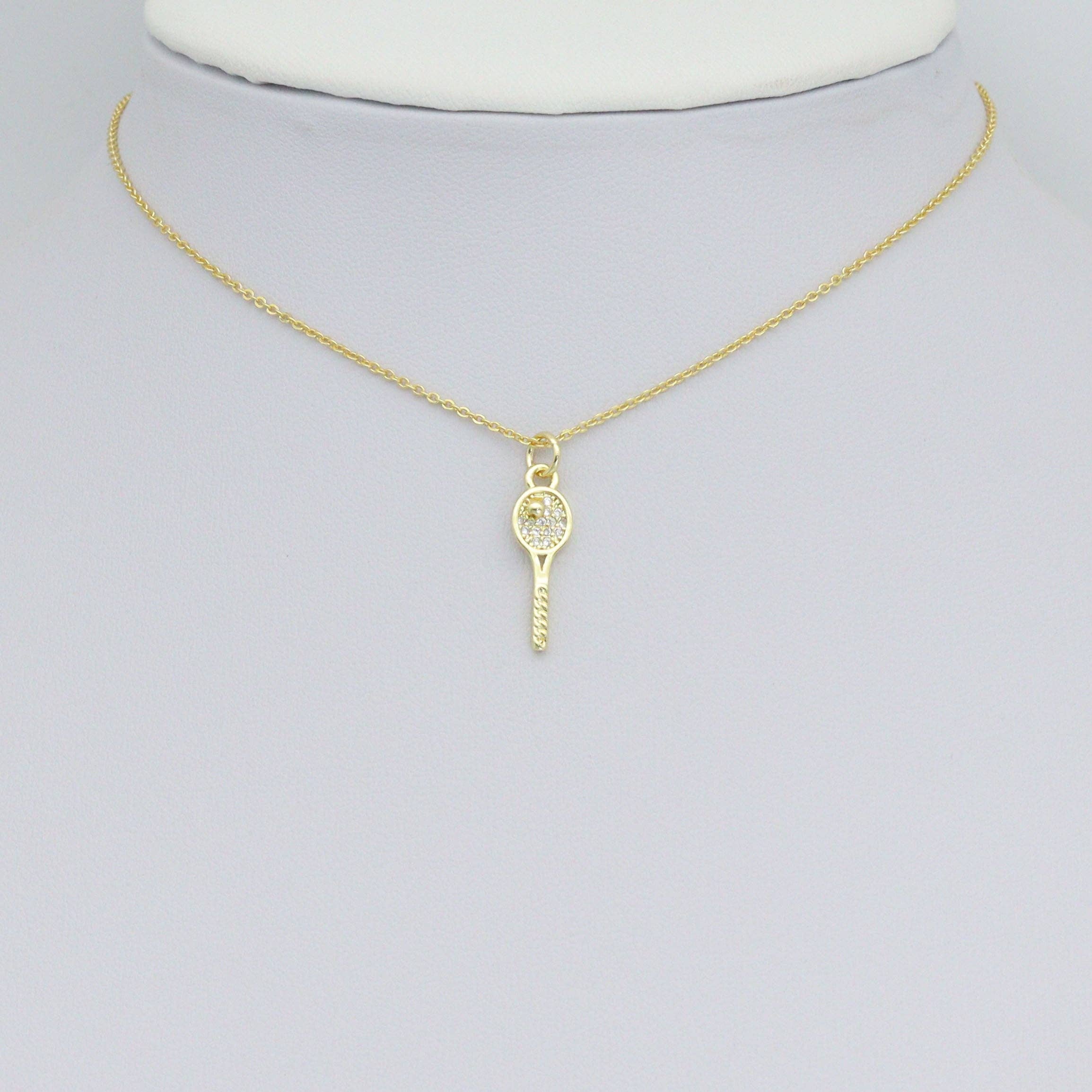 Clear CZ Tennis Racket Gold Charm Pendant,Sku#LX851