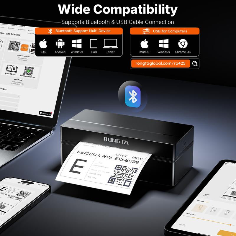RONGTA Shipping Label Printer, Bluetooth Wireless Thermal Label Printer, Compatible with Ios, Android, Windows, Mac, Chromebook, Widely Used for Etsy, Ebay, Shopify, USPS