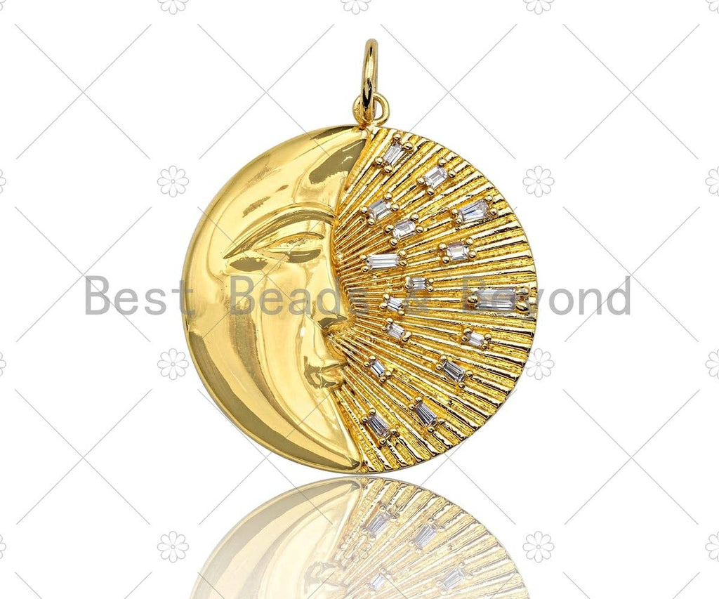 CZ Micro Pave Moon with Radiation Light Round Coin Pendant/Charm, Large Gold/Silver/Rose Gold/Gunmetal Coin Pendant, 31mm, sku#Y297