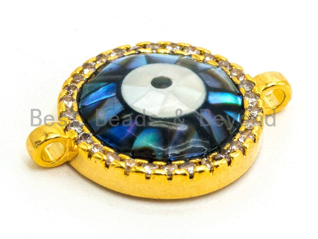 CZ Micro Pave Round Evil Eye Connector with Abalone Shell, Cubic Zirconia Space Connector, CZ Abalone Stone Charm 13x17mm, 1pc,SKU#Z30
