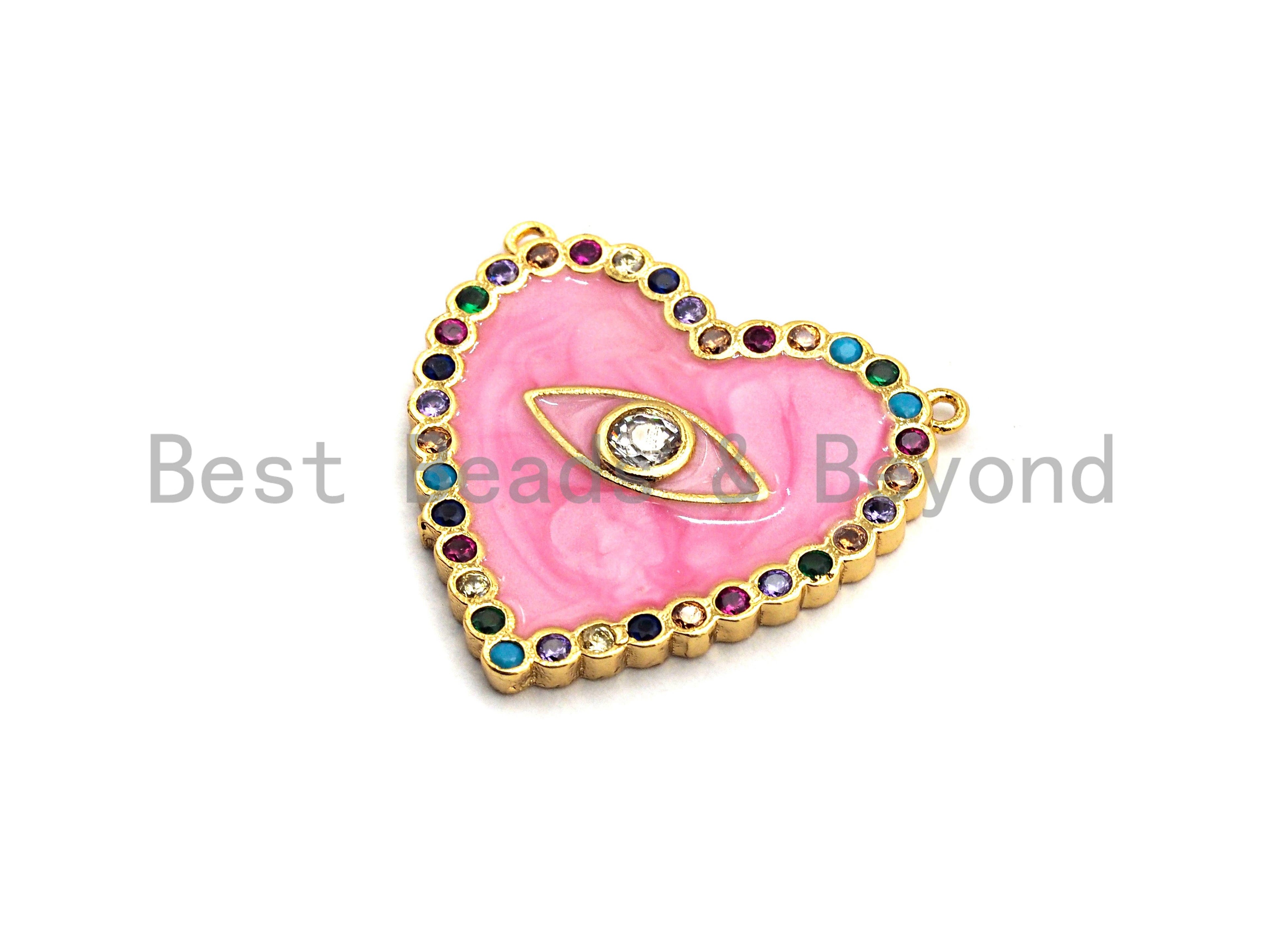 CZ Colorful Micro Pave Enamel Heart With Evil Eye Pendant, Pink Heart ,Heart Shaped Pave Pendant, Gold plated, 26x27mm, Sku#F852