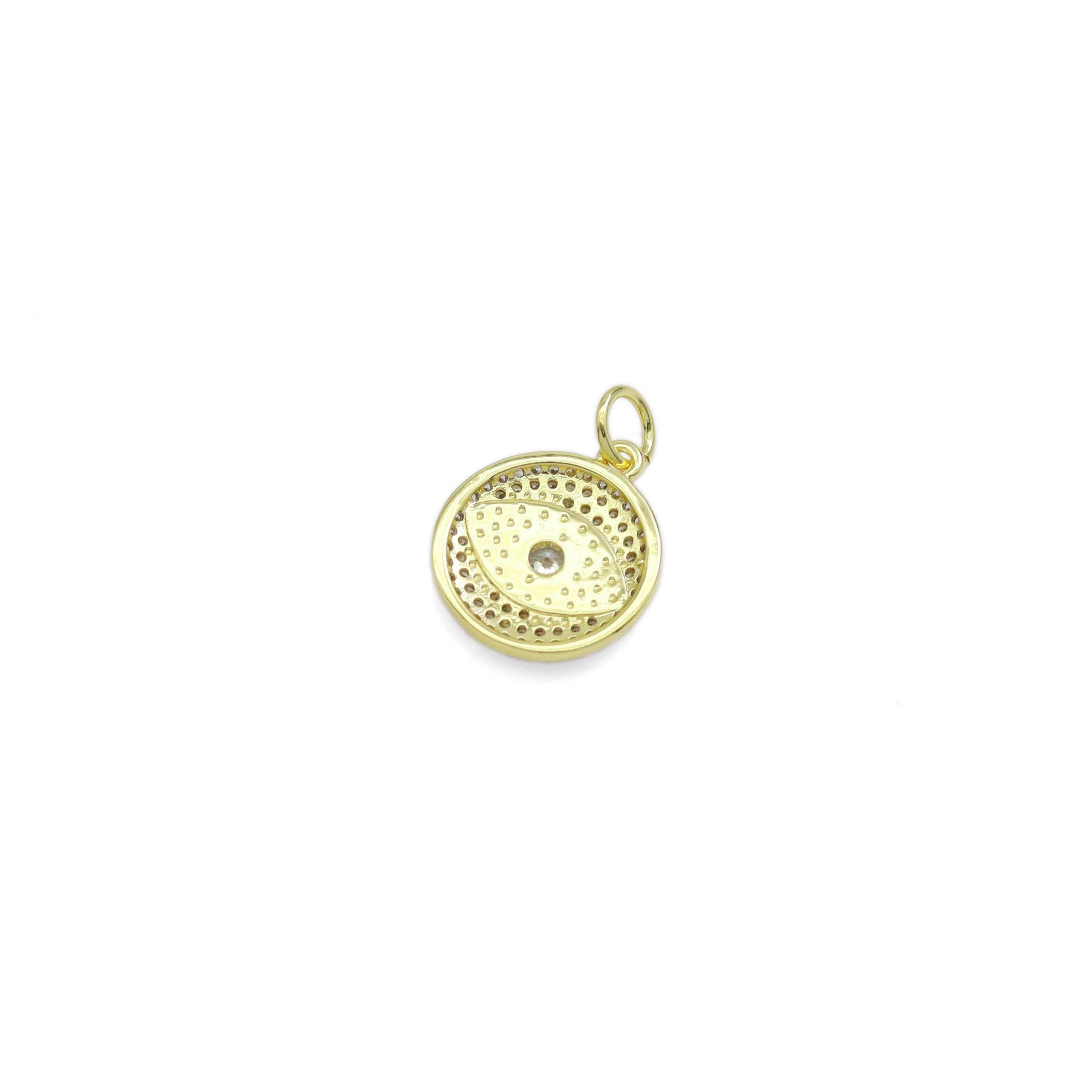 Gold Clear CZ Mother of Pearl Evil Eye Coin Shape Charm, Sku#LX462
