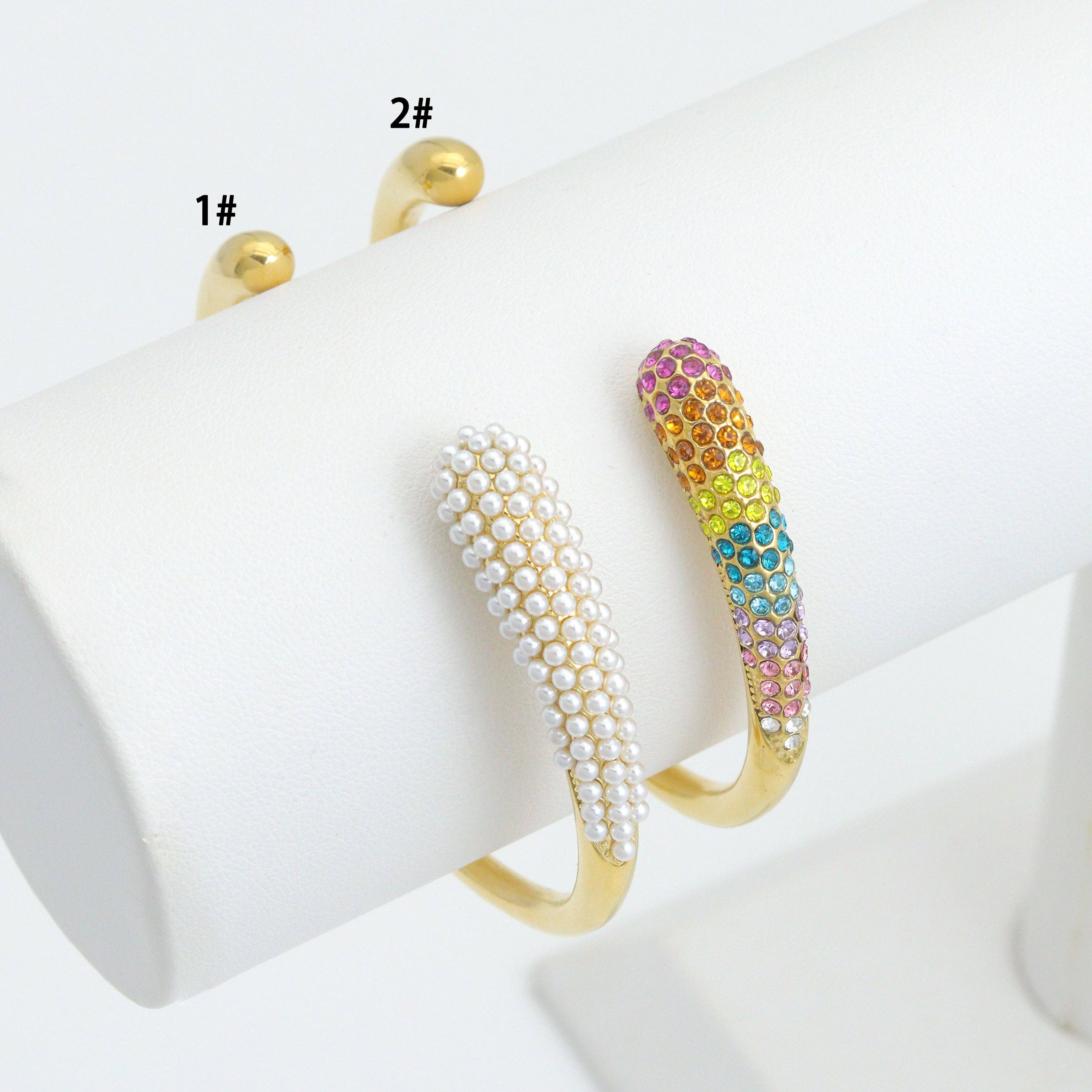 Gold White Pearl Colorful CZ Bangle Adjustable Bracelet, Sku#O126
