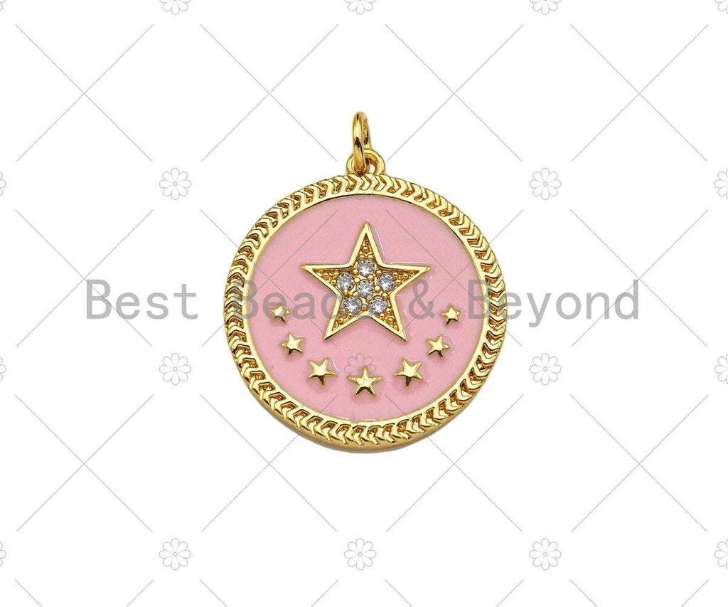 CZ Micro Pave Enamel Pink Five Star On Round Coin Pendant, 18K Gold Pendant, Star Charm, Pink Enamel Charm, 24x22mm,Sku#L565