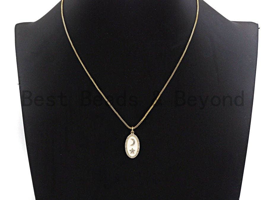 CZ Pave Enamel Oval With Star And Moon Pendant, Gold/Silver, CZ Micro Pave Oil Drop Oval pendant,Enamel Jewelry,12x23mm,sku#Z401