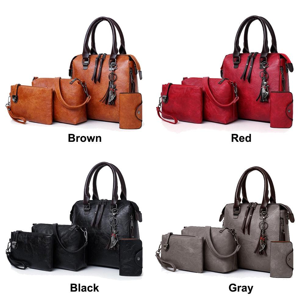 Vintage Leather 4-Piece Messenger Bag Set | Luxury Leather Tote, Clutch & Wallet Set