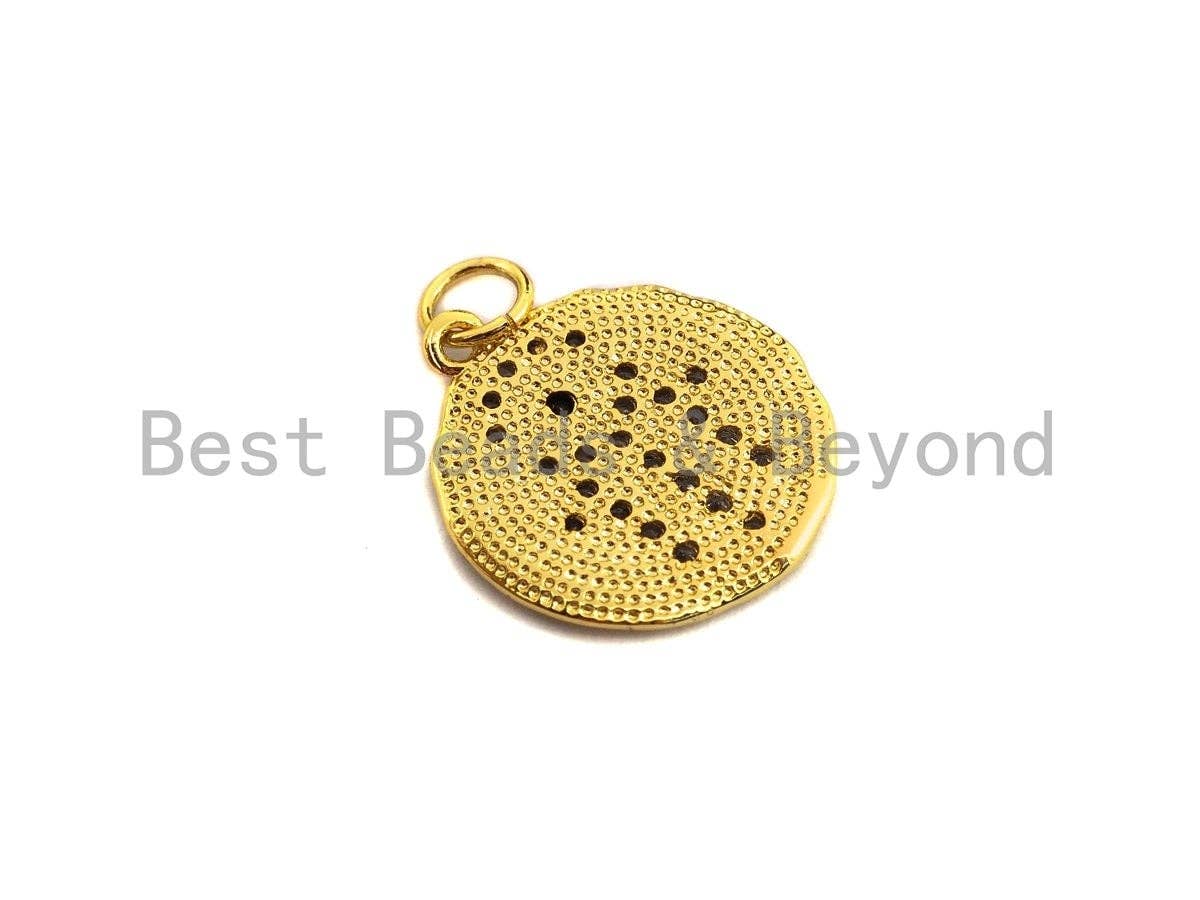 Dual Color CZ Micro Pave Hamsa Hand Hammered Gold Coin Charm,Hamsa Hand Cubic Zirconia Pendant,24K Gold Tone,16x18mm,Sku#Z443