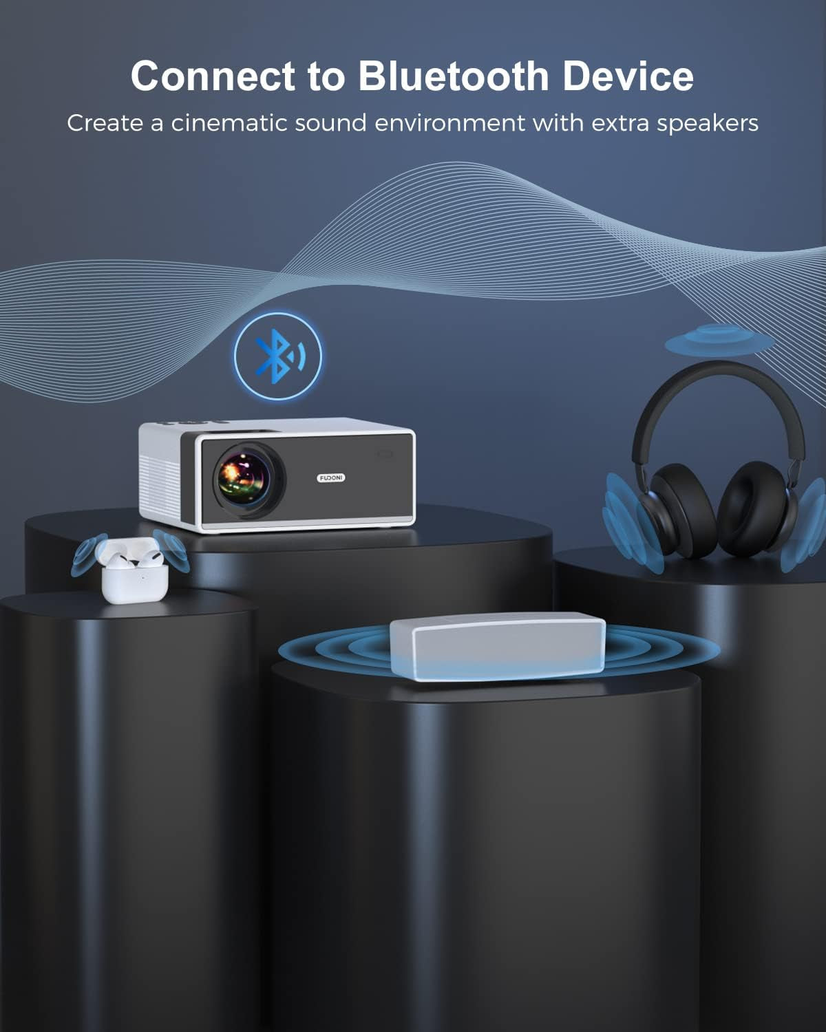 FUDONI Projector with Wifi and Bluetooth 4K Support, 300ANSI Outdoor Indoor Projector FHD 1080P Max 300" Display, Movie Video Home Theater Projector Compatible W/Hdmi/Usb/Phone/Laptop/Tv Stick