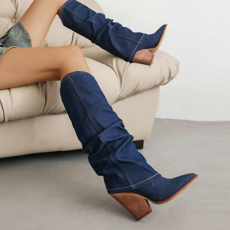 Bottes de cowboy souples en denim | Élégantes bottes de cowboy hautes pour cow-girls