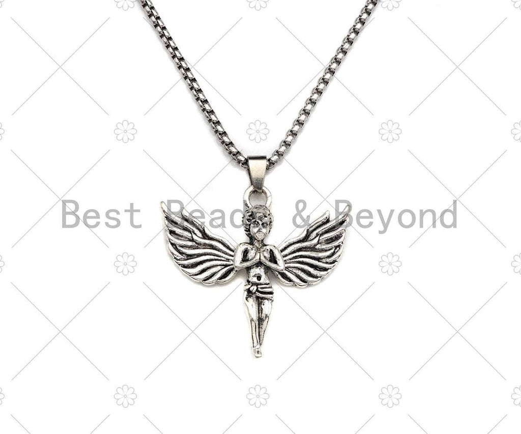 Protecion Angel Pendant Stainless Steel Necklace-Men's Necklace - Symbolic Jewelry - Silver Chain Pendant Necklace, sku#L345