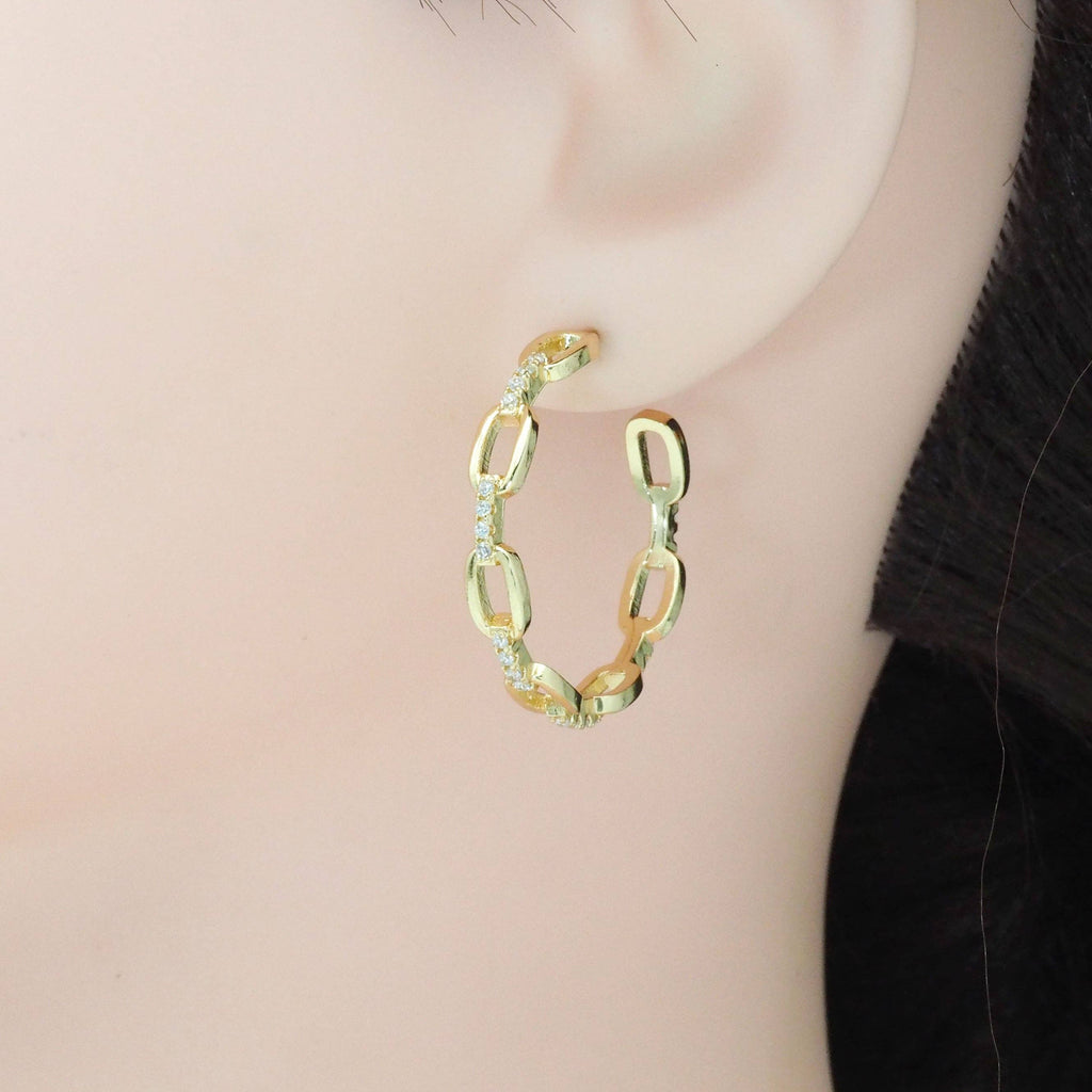 CZ Gold Silver Oval Link Hoop Earrings, Sku#LX217