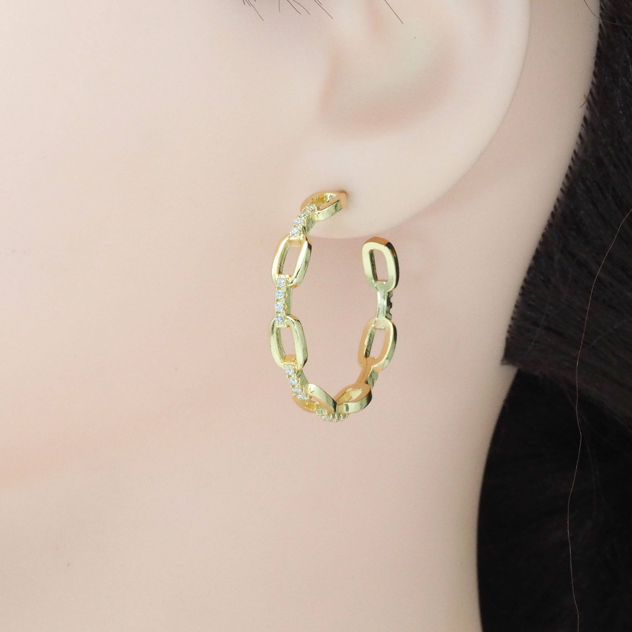 CZ Gold Silver Oval Link Hoop Earrings, Sku#LX217