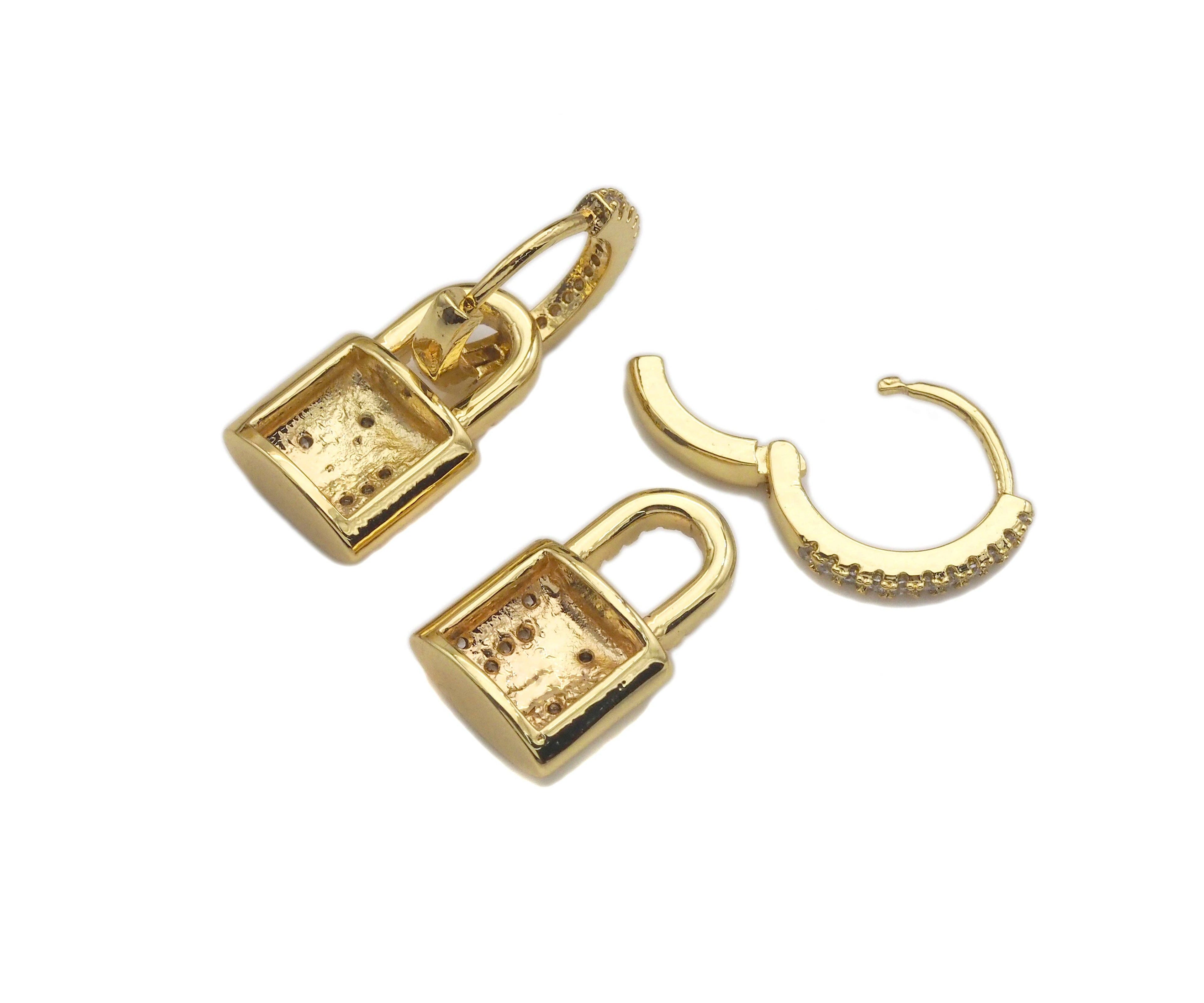 CZ Gold Silver Star Moon Lock Hoop Earrings, Sku#O09