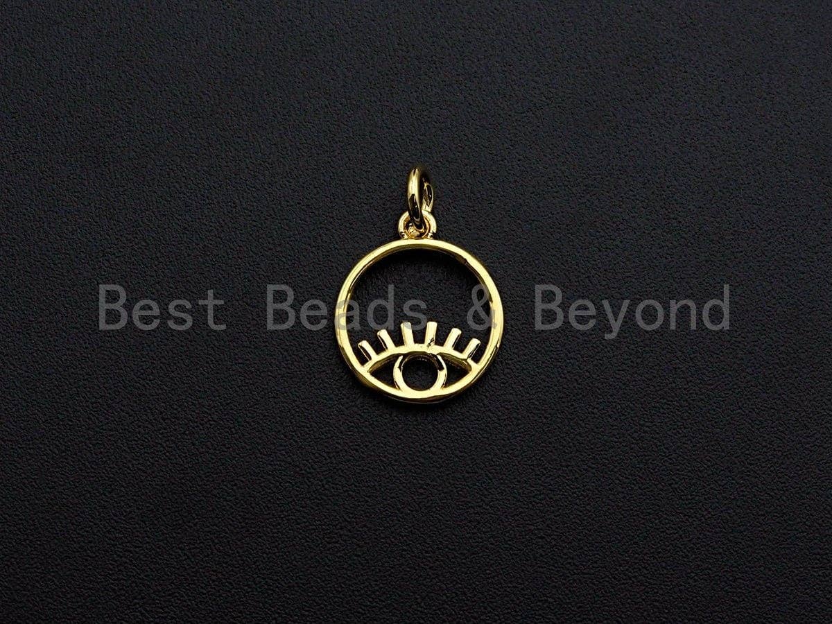 Evil Eye On Round Ring Pendant, Frame Ring Evil Eye Pendant, 24K Gold Tone, 12x15mm, Sku#Z762