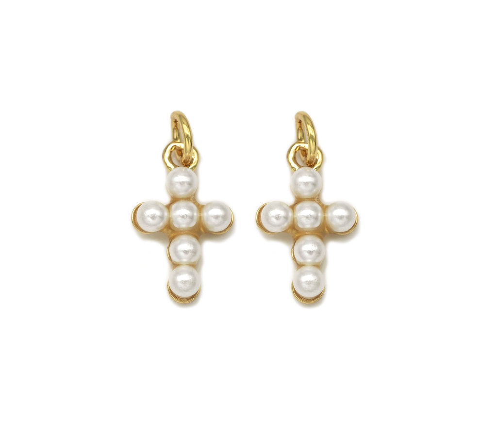 Cute Gold CZ Pearl Cross Charm, Sku#LD341