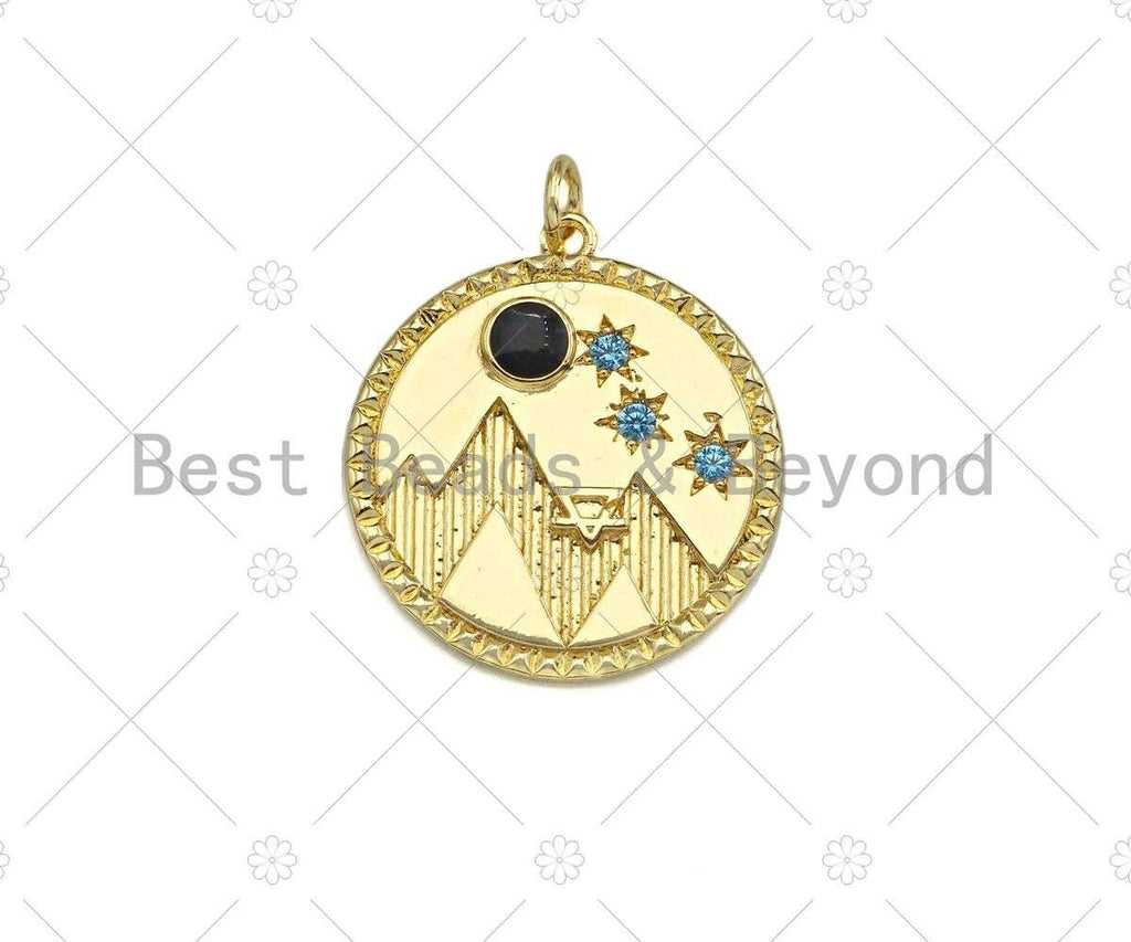CZ Micro Pave Moutain Star Moon On Round Coin Pendant,Cubic Zirconia Silver/Gold Charm, Necklace Bracelet Charm Pendant, 22x25mm, Sku#L540