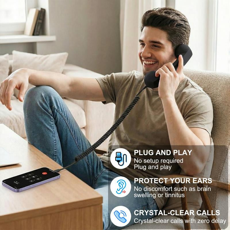 Novelty Retro Handset for Phones – Fun Gift for Parents, Teens & Offices, Easy Plug-In Type-C, Clear Calls, Tangle-Free 3Ft Cable