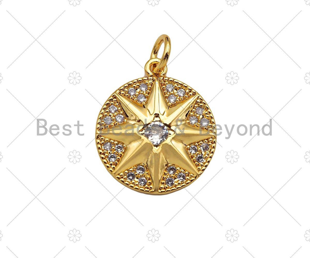CZ Micro Pave North Star On Round Coin Pendant Charm, Bracelet Necklace CZ Star Pendant Charm, Silver/Gold /Rose Gold Tone,15x18mm,Sku#Y385