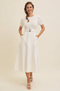 DELANEY- Super Soft White Mixed Media Sweater Midi Dres with Belt