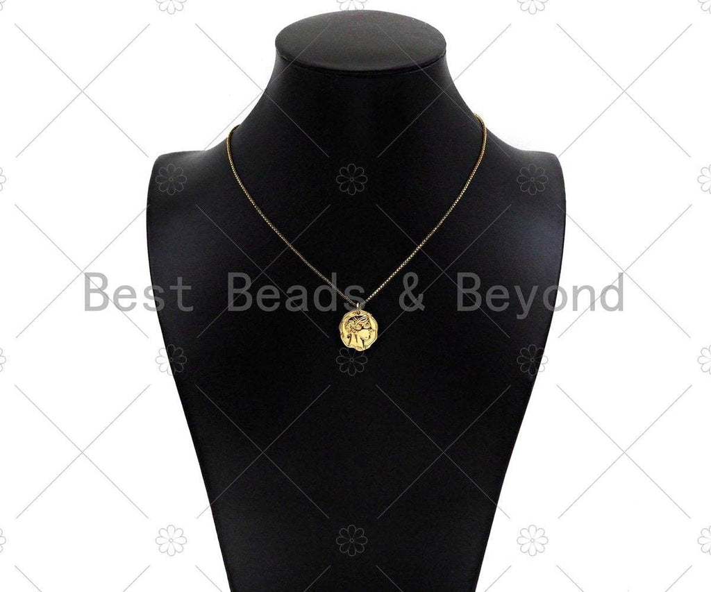 CZ Micro Pave Owl with Lady Head on the other Side Coin Shape Pendant,14K Gold Medallion Charm,Necklace Bracelet Charm,16x18mm,Sku#ZX02