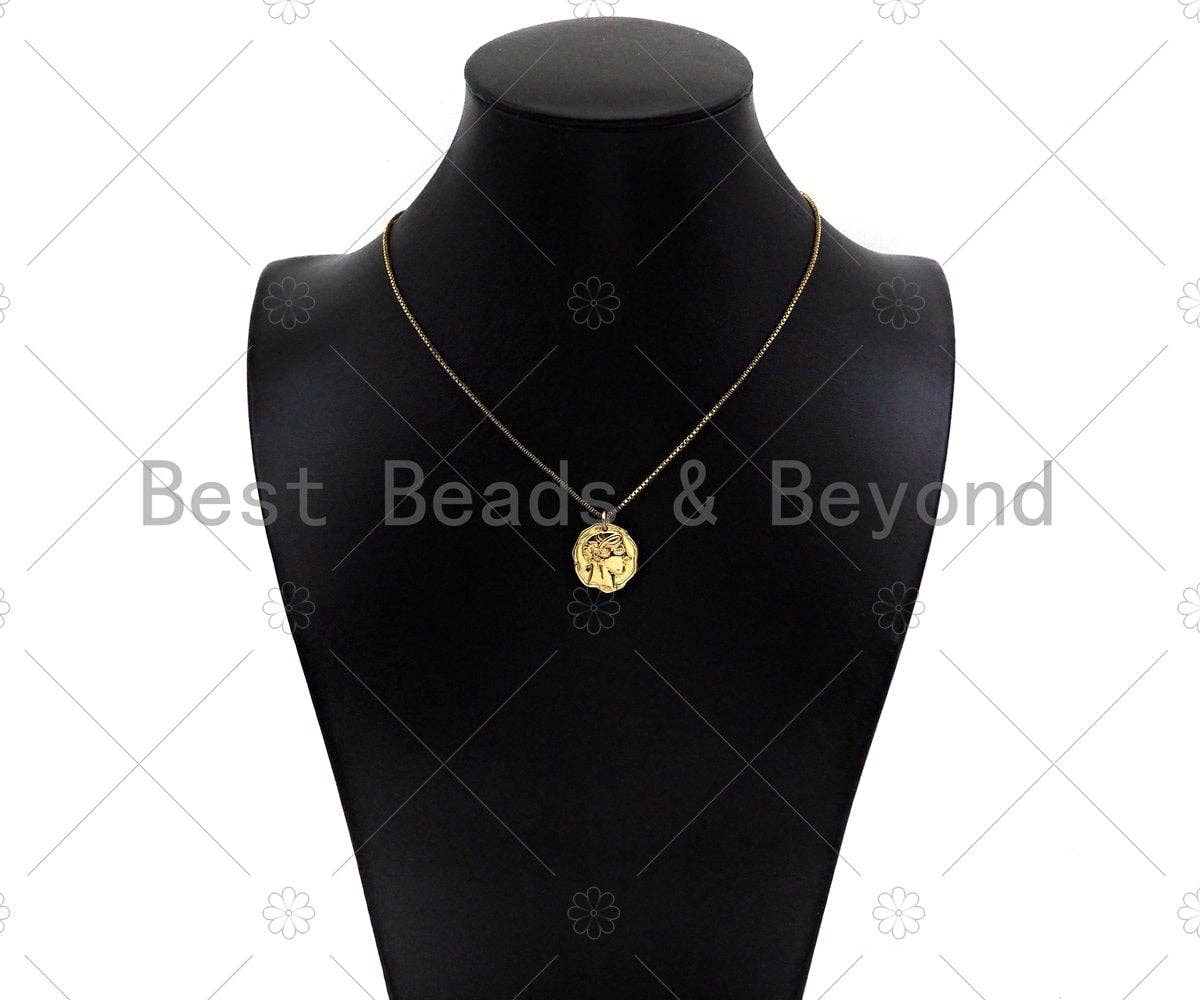 CZ Micro Pave Owl with Lady Head on the other Side Coin Shape Pendant,14K Gold Medallion Charm,Necklace Bracelet Charm,16x18mm,Sku#ZX02