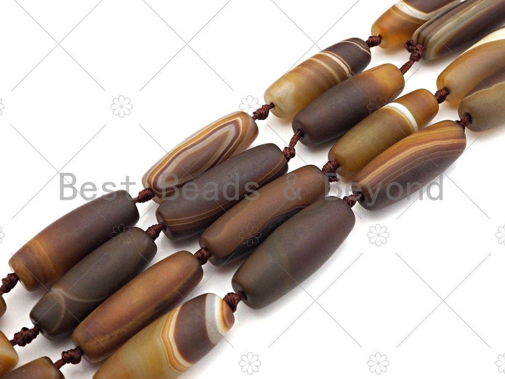 Natural Brown Matt Agate Barrel Spacer Beads, Matt Agate Spacer Beads, Tibetan Dzi Beads, 14x40mm, Sku#U1038