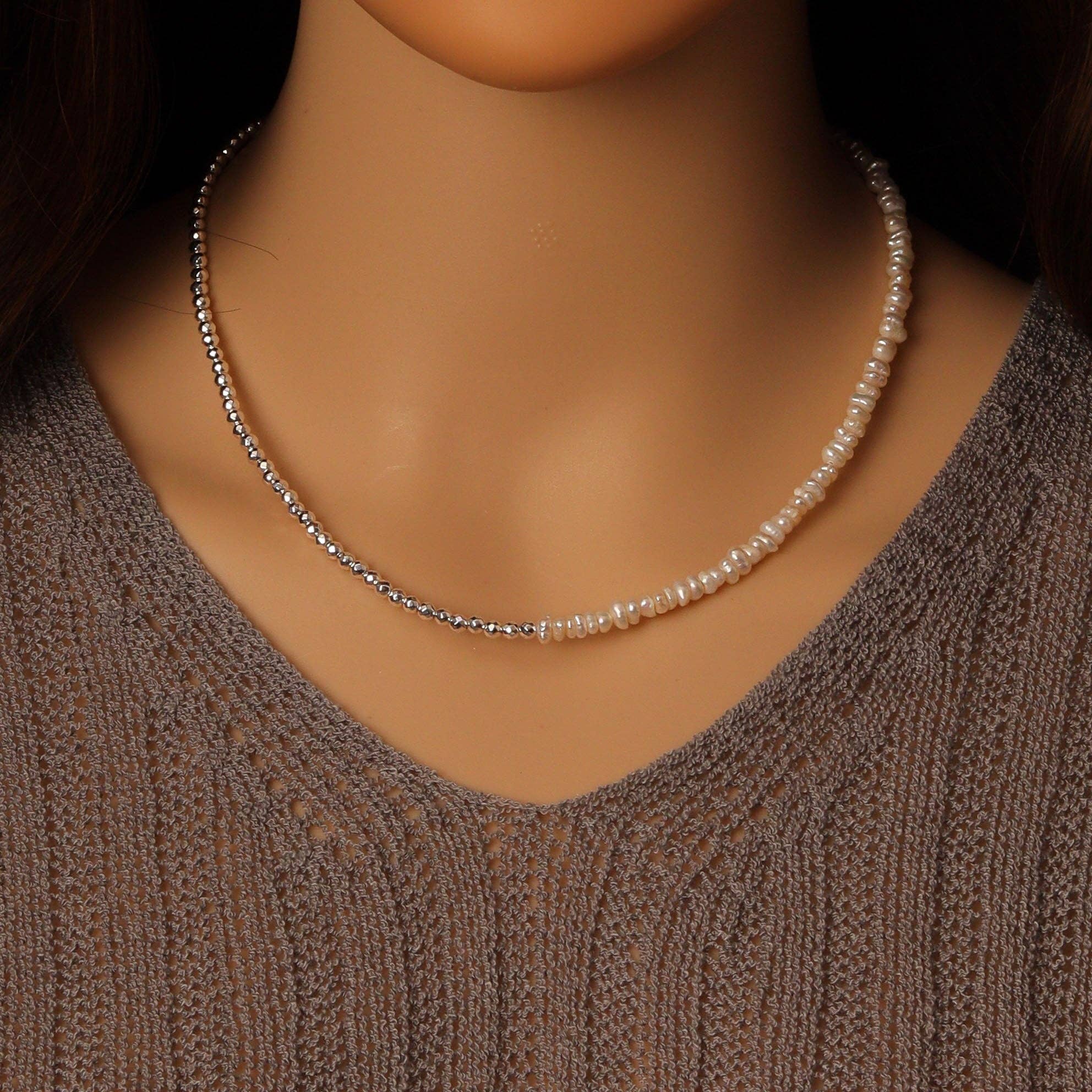 Fresh Water Pearl with Silver Hematite ball Chain Necklace, Sku#EF508