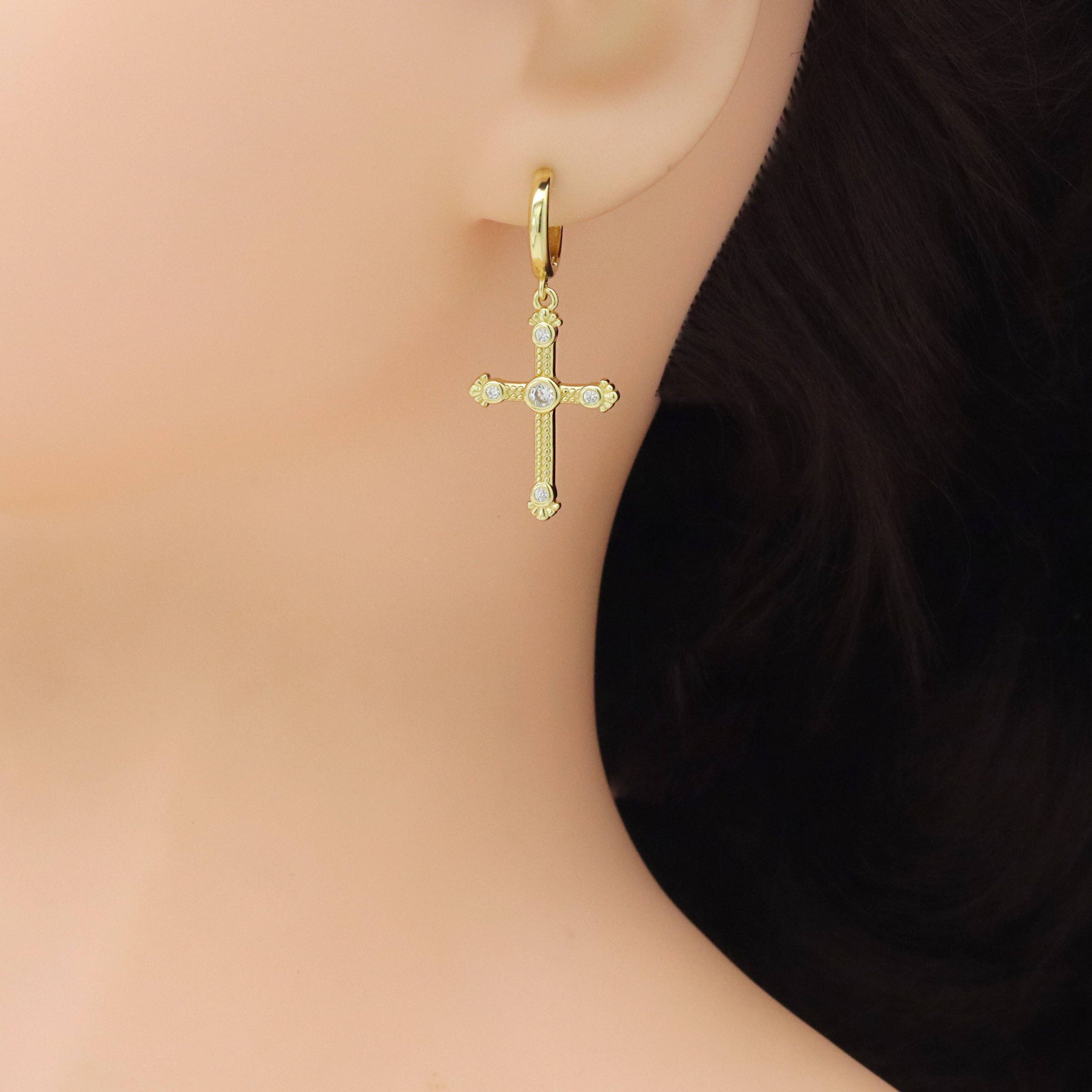 Gold Silver CZ Cross Dangle Hoop Earrings, Sku#LX738