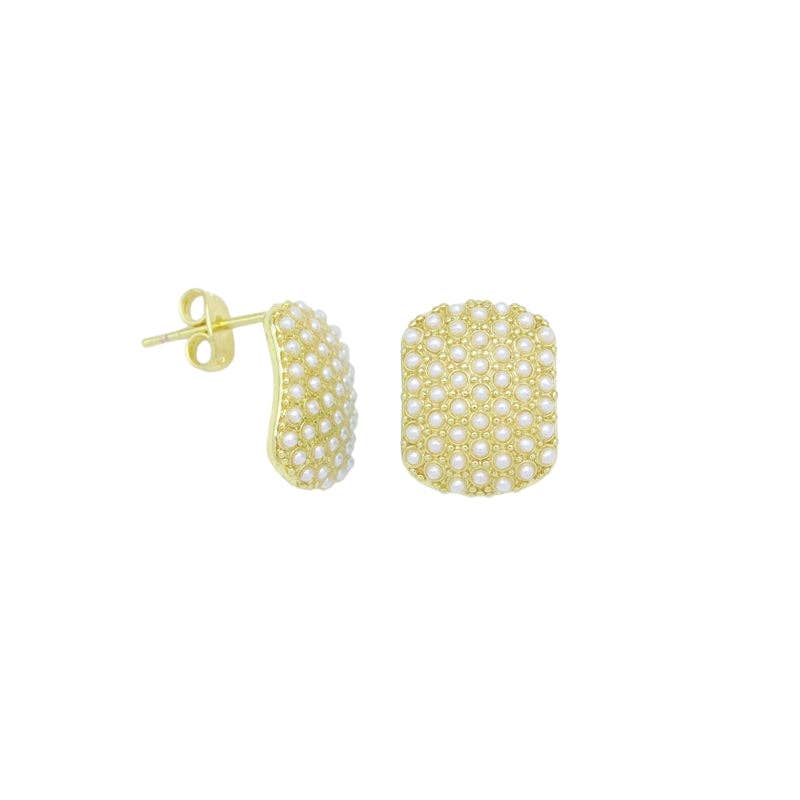 Tiny Pearl Gold Oval Shape Stud Earrings, Sku#LX693