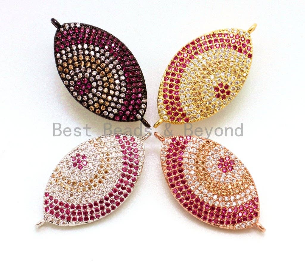 CZ Micro Fuchsia Gold Marquise Shape Evil Eyes Connector for Bracelet Necklace, 16x33mm,sku#E74C