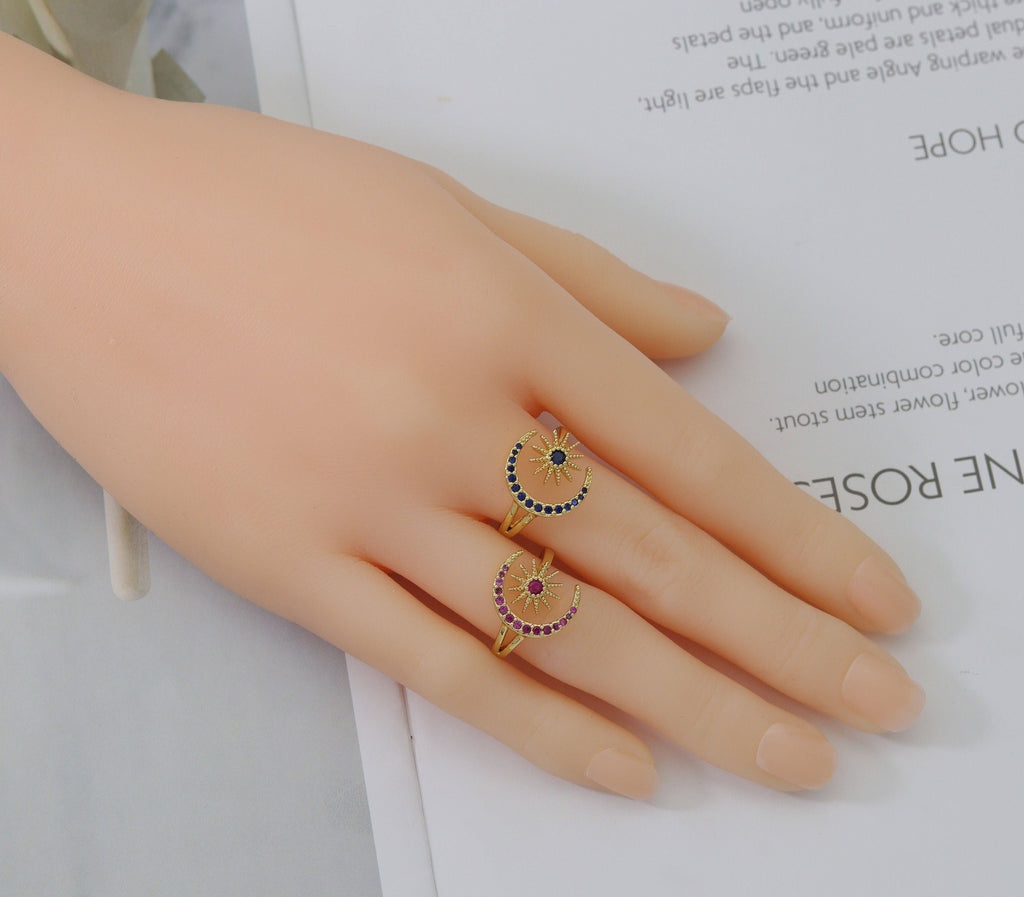 CZ North Star Crescent Moon Adjustable Ring, Sku#LX47