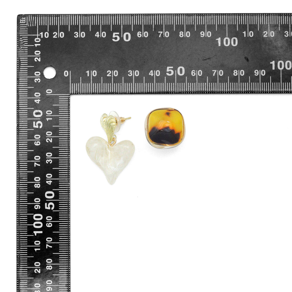 White Heart Brown Square Statement Earrings, Sku#O122