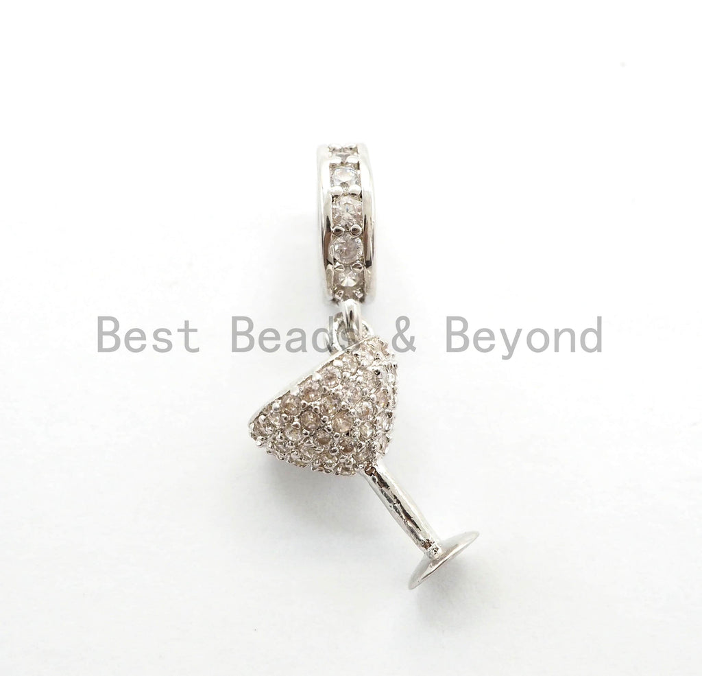 CZ Micro Pave Cocktail Glass Dangle Charm, Pave Wine Charm/Pendant, Large hole/Big hole European style bracelet charm Beads, 22x8mm,sku#Y149