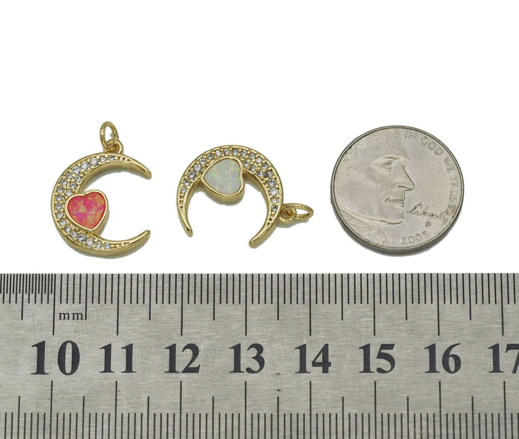 Opal Heart On Cresent Moon Charm, Sku#F1504