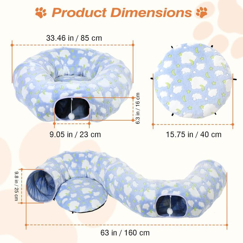 Cat Tunnels for Indoor Cats, 35'' Plush Cat Tunnel Bed Christmas Tree Skirt with Playful Ball and Circle Cushion, Foldable Peekaboo Cave, Interactive Toy