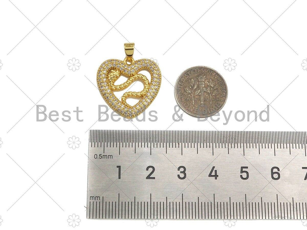 CZ Micro Pave Snake On Heart Shape Pendant/Charm,Cubic Zirconia Gold Charm, Necklace Bracelet Charm Pendant,21x21mm, Sku#LD32