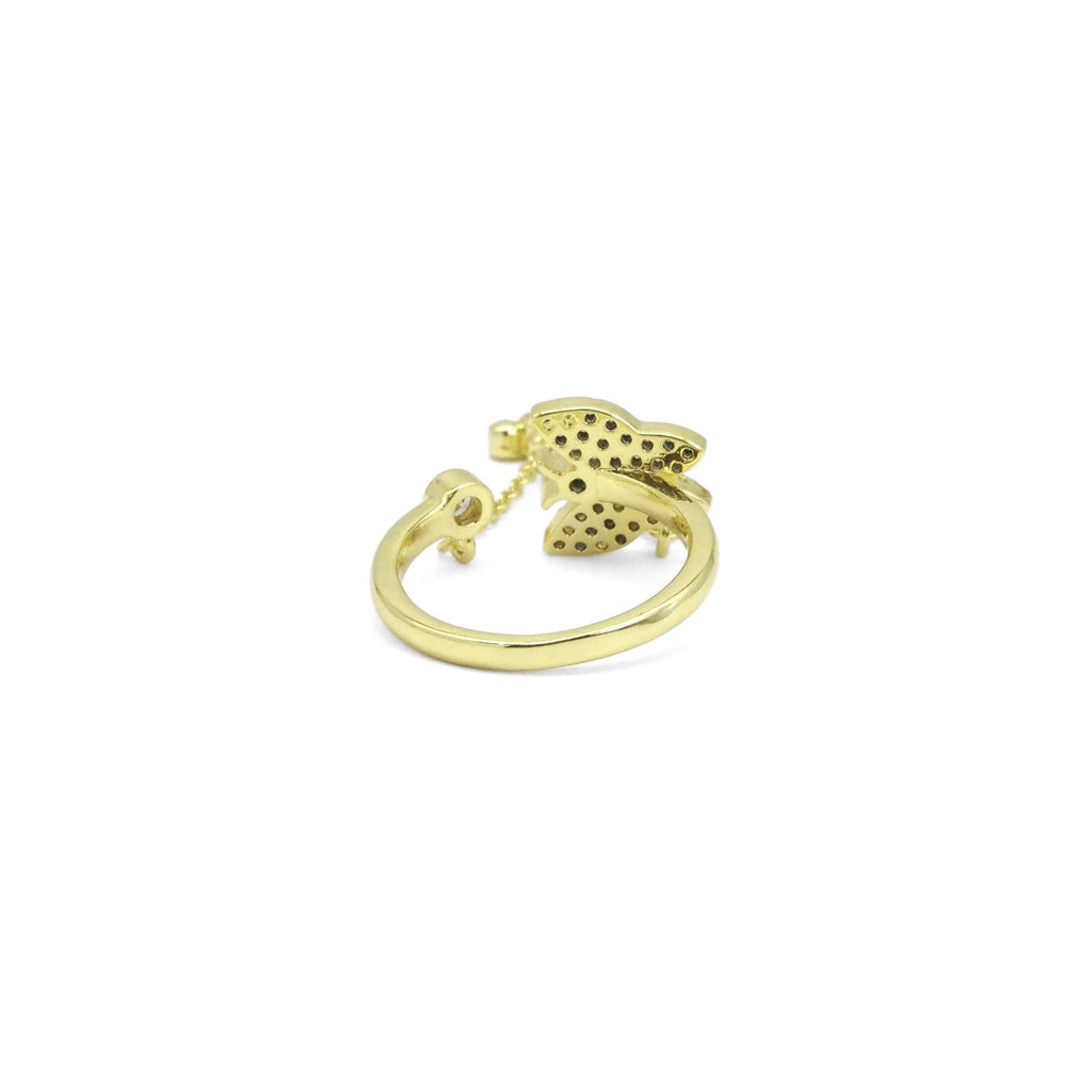 Gold CLear CZ Butterfly with Chain Cross Adjustable Ring, Sku#LD436