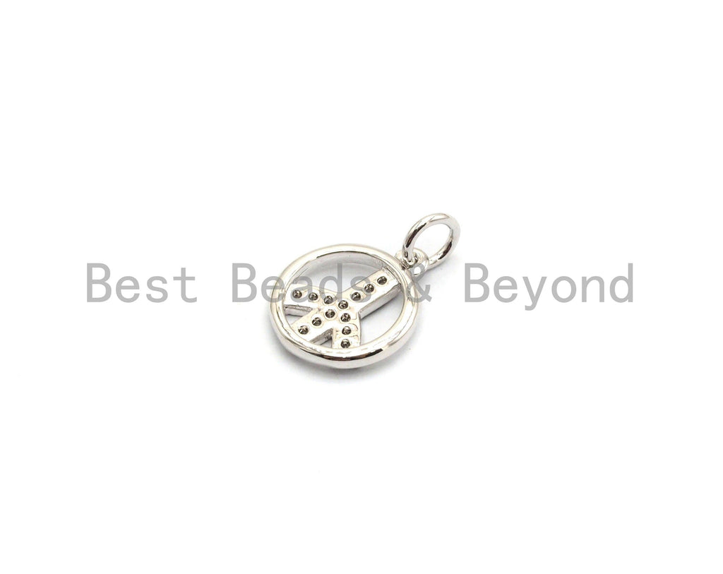 CZ Micro Pave Dual Color Peace Sign Pendant, Cubic Zirconia Pendant, Silver/Gold/Rose Gold/Black Tone, 11x13mm, Sku#Y183