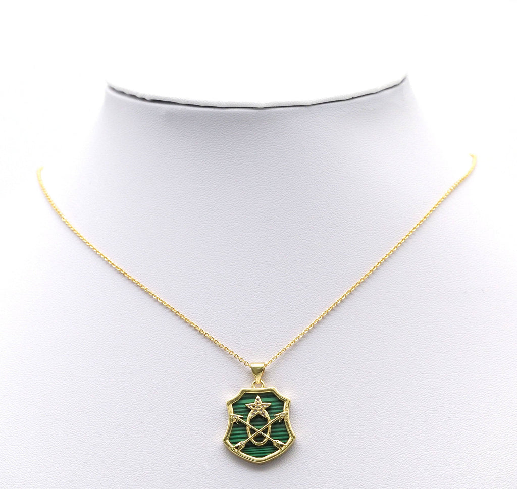 Gold CZ Star Arrows On Gemstone Shield Charm, Sku#LX108
