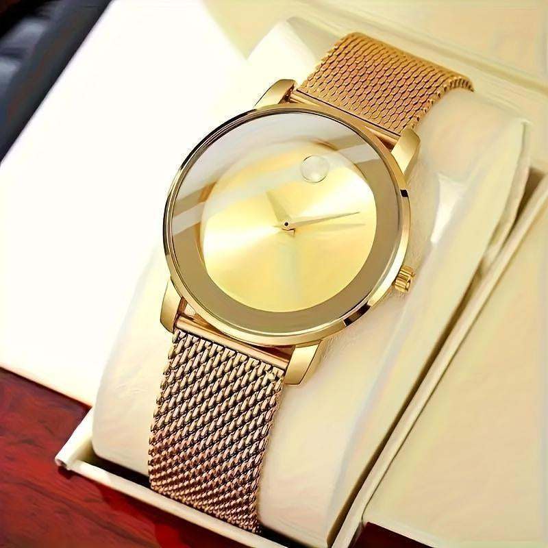 A Stylish Women'S Quartz Watch with a Mesh Strap - Featuring a Golden round Dial, Fashionable Zinc Alloy Strap and Case, a Casual Decorative Accessory, Perfect as a Ramadan Gift or a Present for Mom.