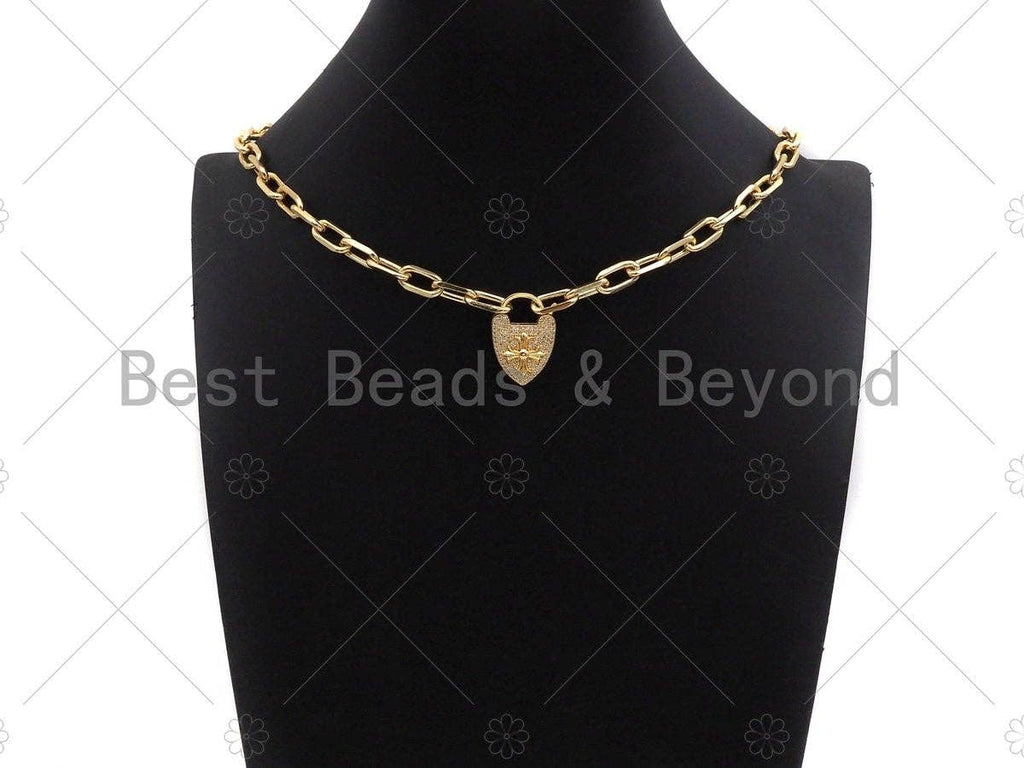 18K Gold Cross On Heart Fancy Lock Clasp, CZ Micro Pave Lock